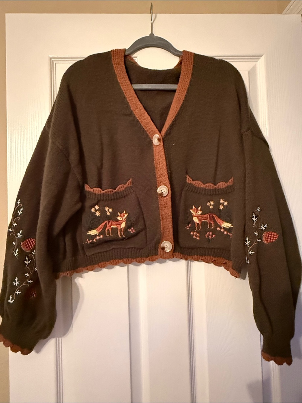 SHEIN Brown Cropped Cardigan with Fox Embroidery and Rust Trim
